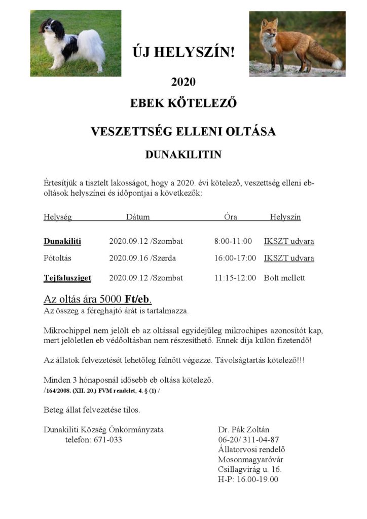 Tájékoztató a 2020. évi kötelező eboltásról | Dunakiliti mosonmagyaróvár önkormányzat pénztári órák